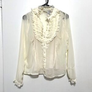 Vintage Womens Victorian Ivory Sheer Ruffle Top Size M Pearl Buttons Ethereal